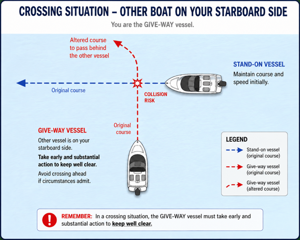 Top-down powerboat crossing diagram showing the give-way vessel with another powerboat on its starboard side and the stand-on vessel maintaining course and speed.