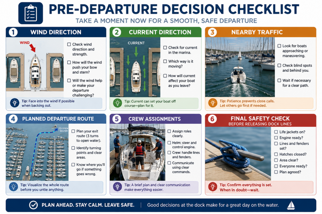 Infographic showing a sailboat pre-departure decision checklist with wind direction, current direction, nearby traffic, planned departure route, crew assignments, and final safety checks before releasing dock lines.