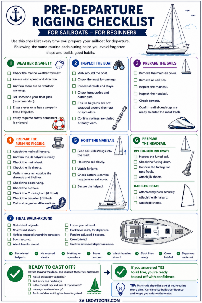 Printable pre-departure sailboat rigging checklist infographic for beginners covering weather, safety, sail preparation, running rigging, mainsail hoisting, headsail setup, and a final walk-around inspection.