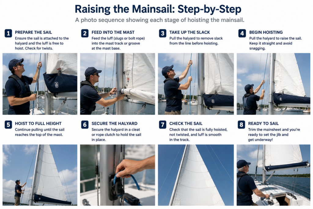 Eight-panel instructional photo sequence showing the stages of raising a mainsail, including preparing the sail, feeding the luff into the mast, taking up halyard slack, hoisting the sail, securing the halyard, checking the sail, and preparing to sail.