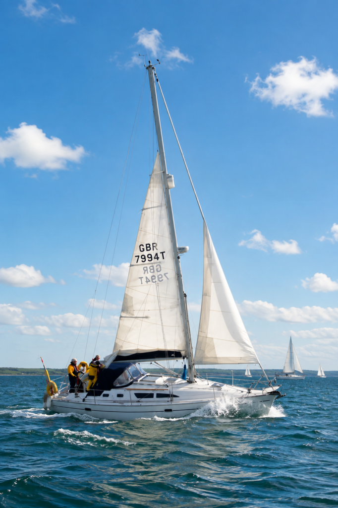 Cruising sailboat with a reefed mainsail and reduced jib sailing in strong wind