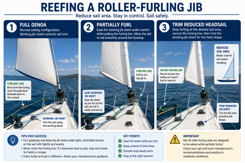 Three-step infographic showing how to reef a roller-furling jib by easing the jib sheet and pulling the furling line