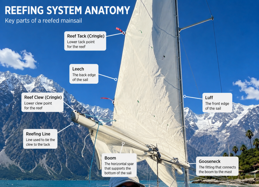 Reefing system anatomy showing the reef tack, reef clew, reefing line, boom, gooseneck, luff and leech