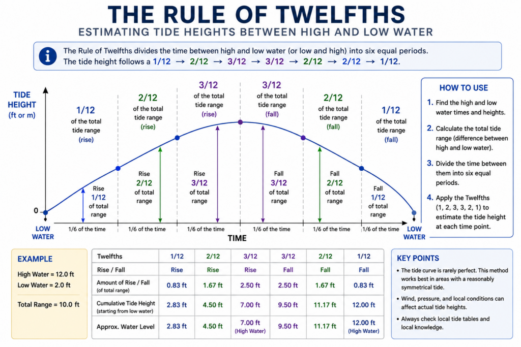 Rule of Twelfths tidal curve showing the 1/12, 2/12, 3/12, 3/12, 2/12 and 1/12 method for estimating tide height between low and high water.