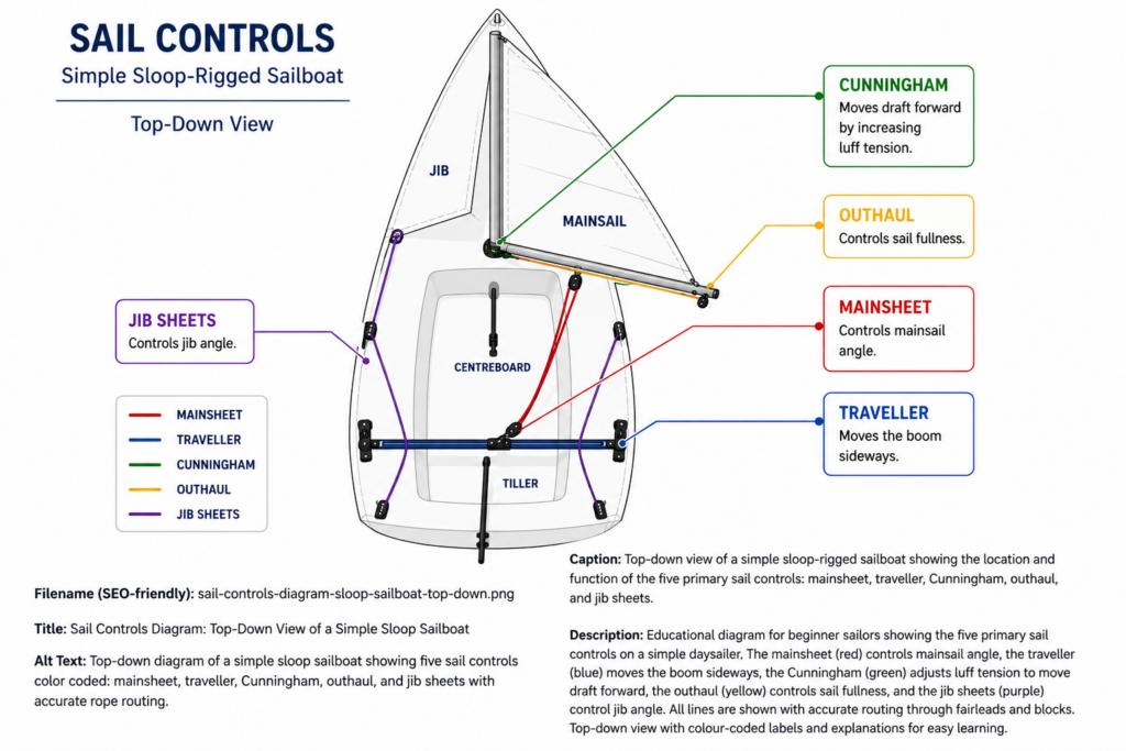 Top-down educational diagram of a simple sloop-rigged sailboat with the five primary sail controls colour coded: mainsheet, traveller, Cunningham, outhaul, and jib sheets, showing their locations and basic functions.