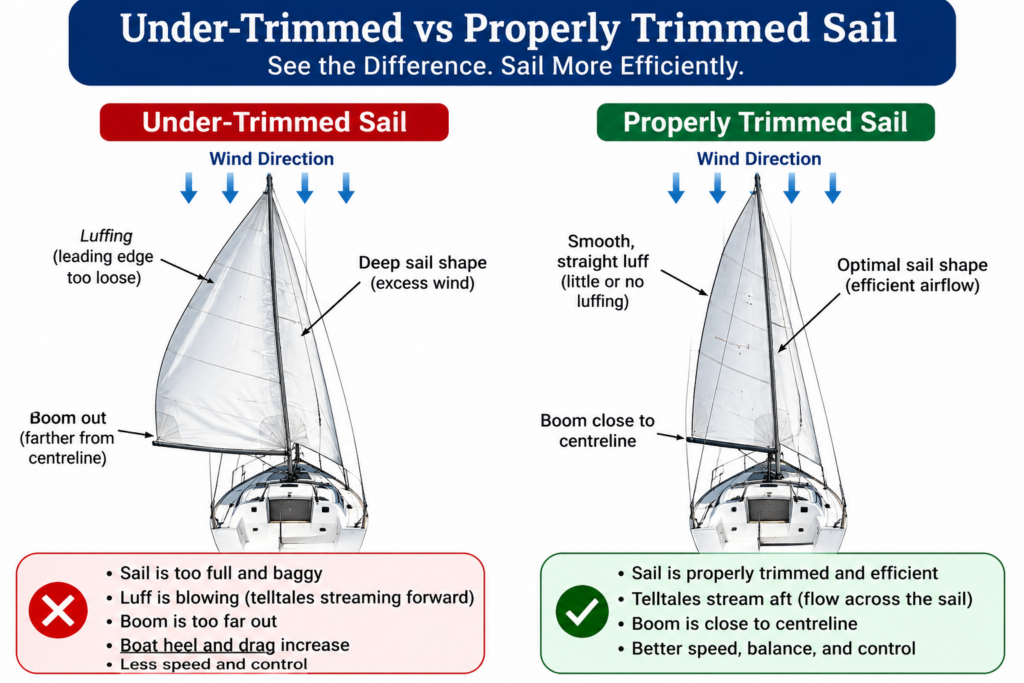 Side-by-side comparison showing an under-trimmed sail with excessive draft, wrinkles, and luffing beside a properly trimmed sail with a smooth airfoil shape, correct boom position, and efficient airflow.