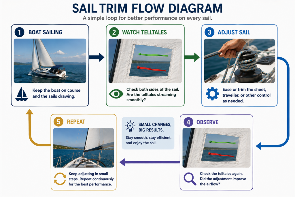 Educational sailing flow diagram illustrating the beginner sail trim routine: boat sailing, watch telltales through a jib sail window, adjust sail trim, observe the telltales again through the sail window, and repeat the process for efficient sail trim.