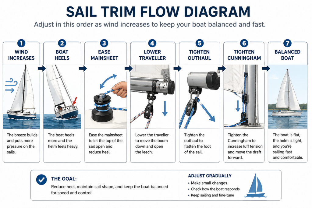 Educational sailing flow diagram showing the sequence of sail trim adjustments as wind increases: wind increases, boat heels, ease the mainsheet, lower the traveller, tighten the outhaul, tighten the Cunningham, resulting in a balanced sailboat.