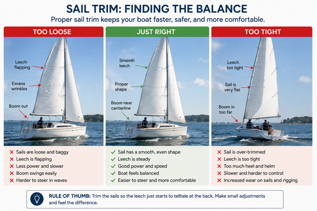 Three-panel comparison showing a sailboat with sails trimmed too loose, correctly trimmed, and too tight, illustrating how sail trim affects sail shape, boat balance, and performance.