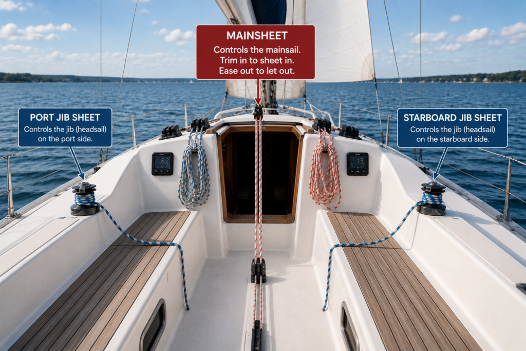 Photorealistic sailboat cockpit viewed from the stern with the mainsheet centred beneath the boom and the port and starboard jib sheets labelled at their respective winches.