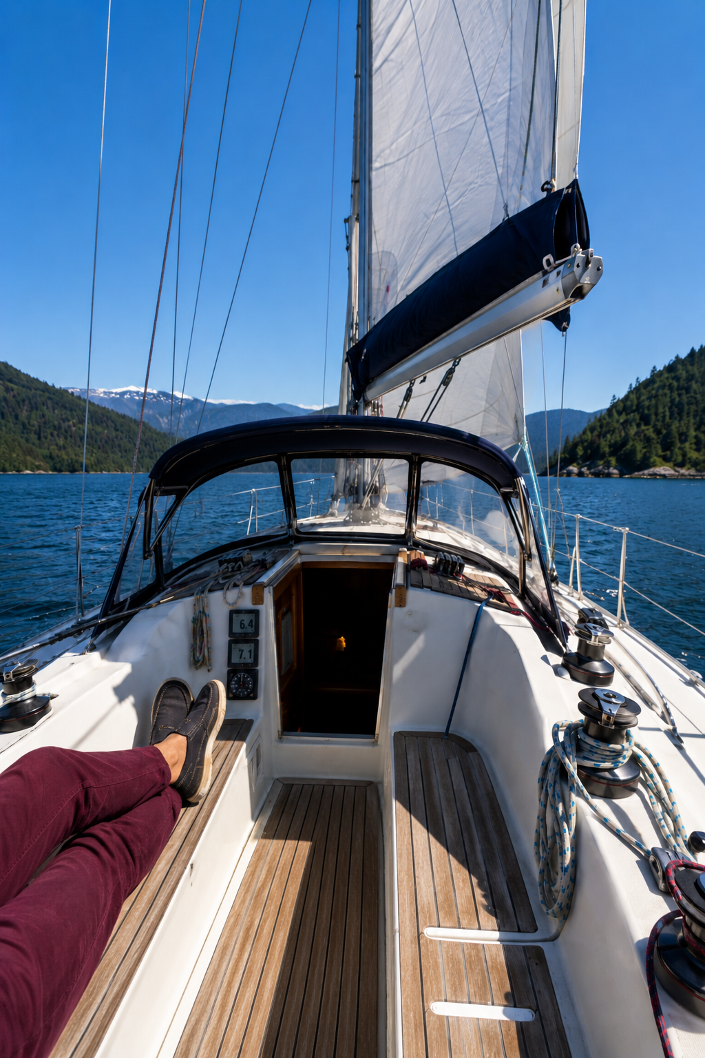 Skipper relaxing on the port cockpit bench of a cruising sailboat underway