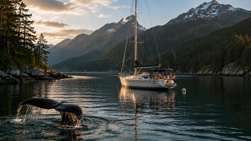Humpback whale tail near an anchored sailboat in a mountainous coastal inlet