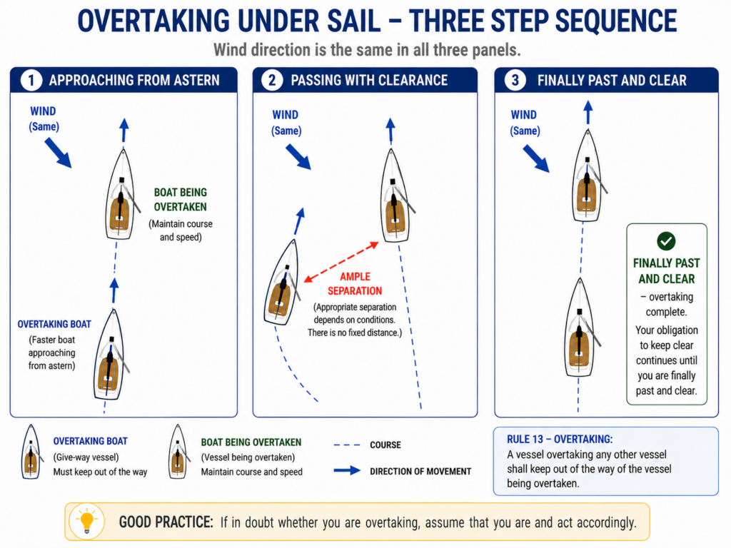 Three-panel sailing diagram showing an overtaking sailboat approaching from astern, passing with safe separation, and continuing until finally past and clear.