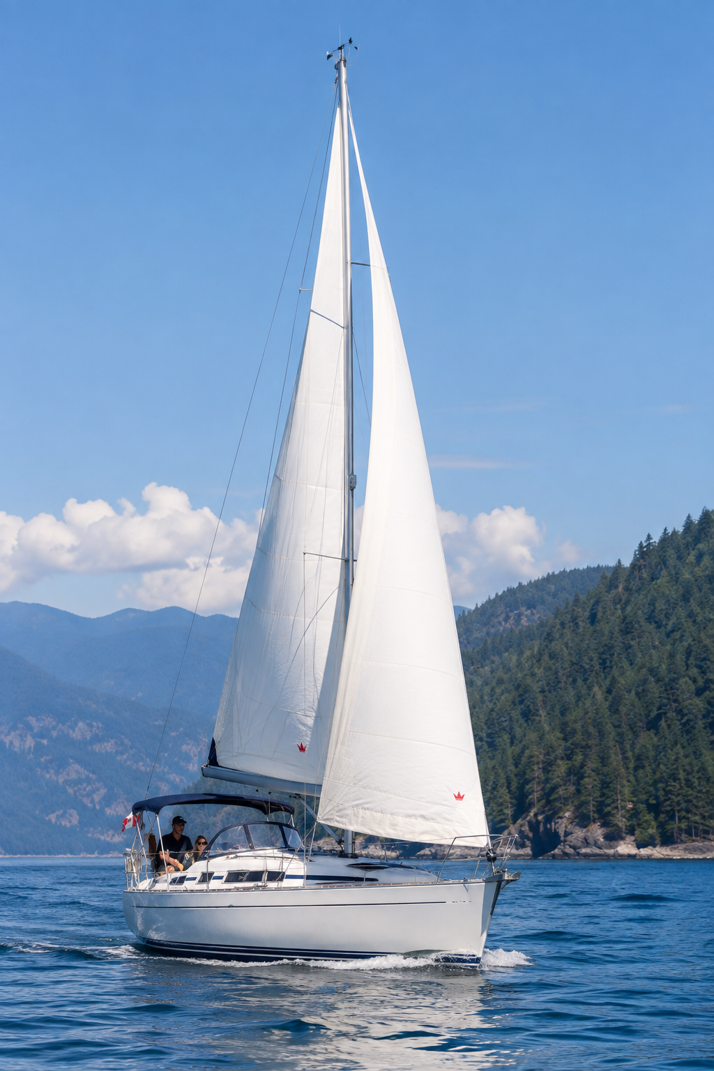 White cruising sailboat sailing along a mountainous coastline