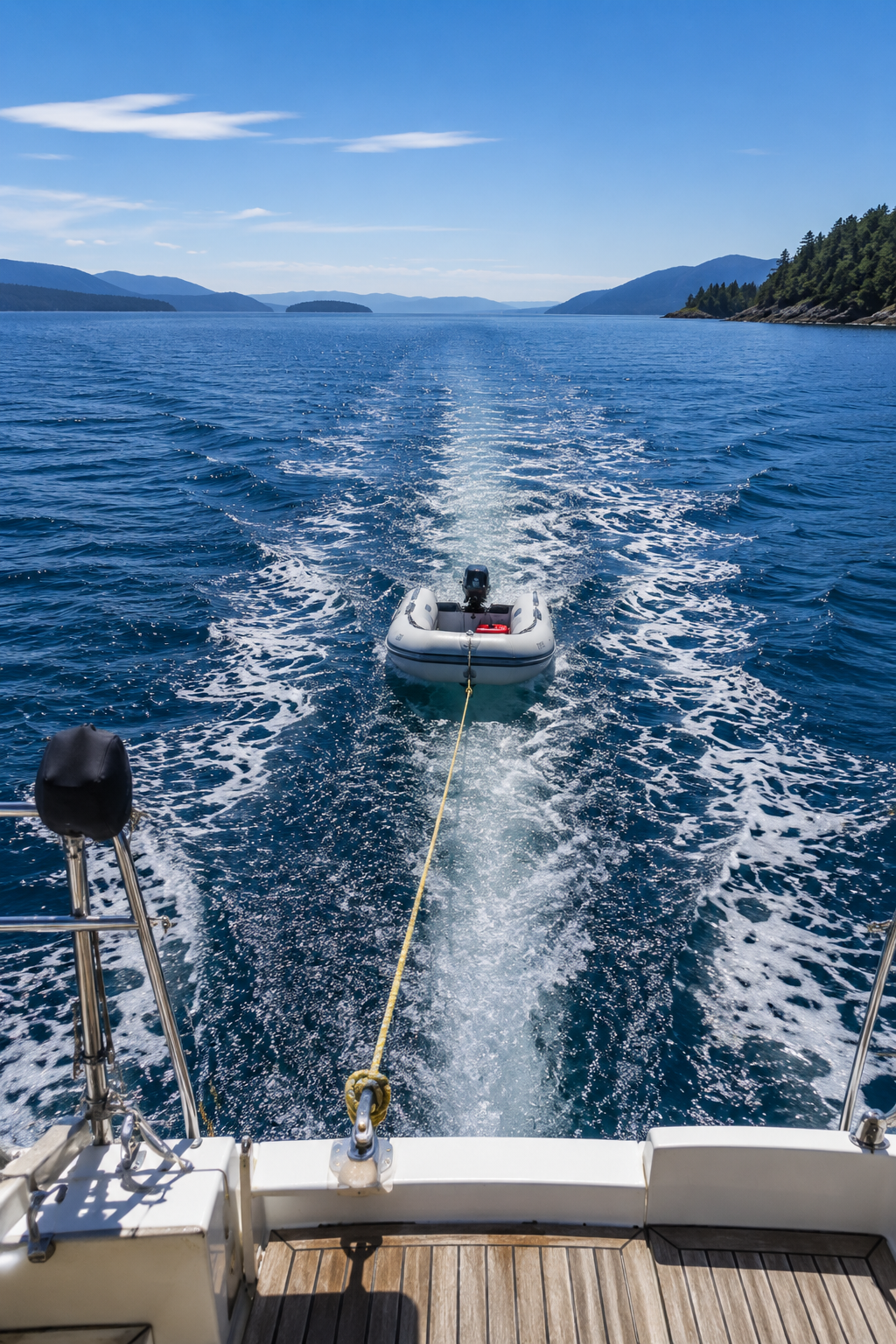 Inflatable dinghy being towed behind a cruising sailboat through mountainous coastal waters