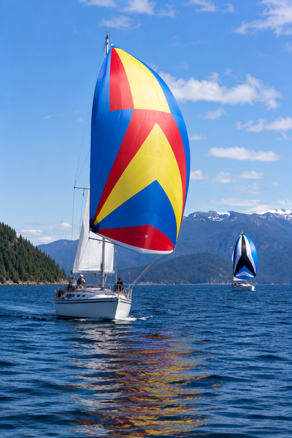 Two sailboats sailing under colourful spinnakers in mountainous coastal waters