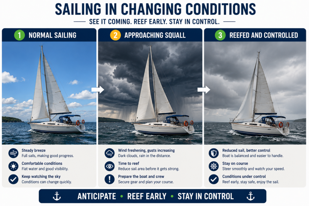 Three-stage sailing illustration showing normal conditions, an approaching squall, and a reefed sailboat under control in stronger wind.