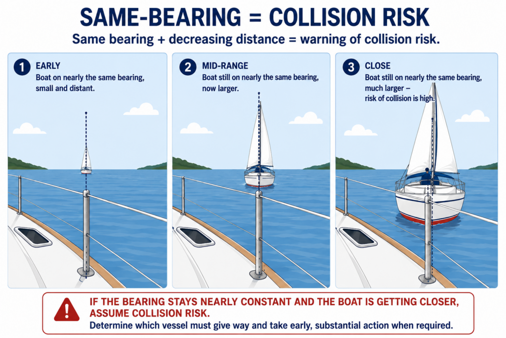 Sailing collision risk diagram showing an approaching sailboat staying on the same bearing while getting progressively closer.