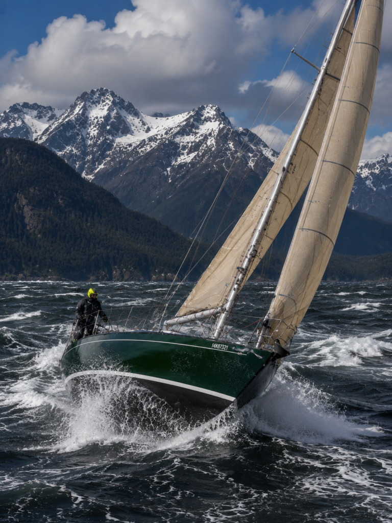 Dark green sailboat with tan sails heeling through strong winds and whitecapped waves near snow-covered coastal mountains.