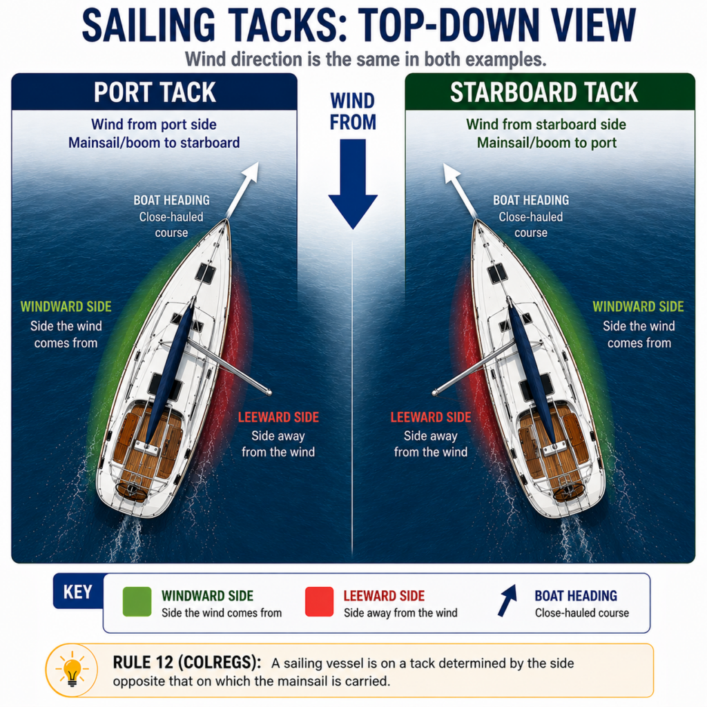 Top-down sailing diagram showing port tack and starboard tack with wind direction, windward and leeward sides, boom positions, and close-hauled courses.