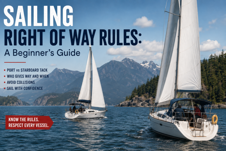 Two sailboats approaching on coastal water illustrating sailing right of way rules for beginners, with British Columbia mountains in the background.