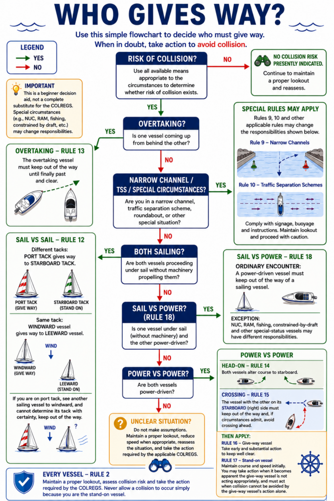 Beginner sailing right-of-way flowchart explaining who gives way under COLREGS, including overtaking, port and starboard tack, windward and leeward, sail versus power, and powerboat crossing rules.
