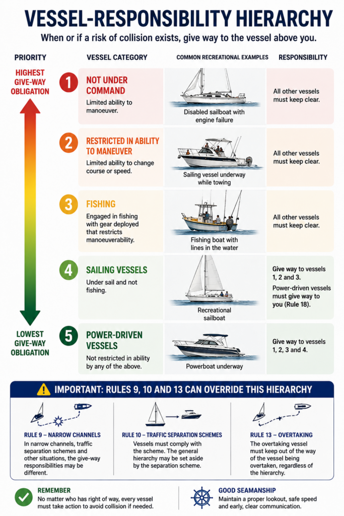 Beginner COLREGS infographic showing vessel responsibilities for not under command, restricted manoeuvrability, fishing, sailing and power-driven vessels.