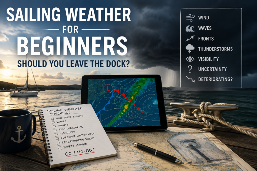 Sailing weather for beginners showing a sailboat, marine forecast, weather checklist and approaching storm before leaving the dock.