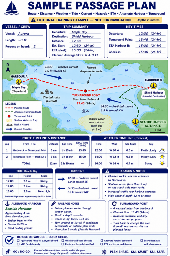 Sample sailing passage plan showing a 12-nautical-mile route with weather, tides, currents, hazards, turnaround point, alternate harbour and estimated arrival time.