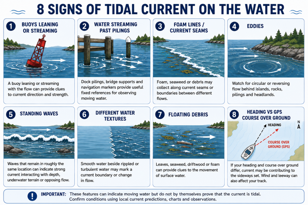 Infographic showing eight signs of tidal current, including leaning buoys, water streaming past pilings, foam lines, eddies, standing waves, changing water textures, floating debris, and GPS track differences.