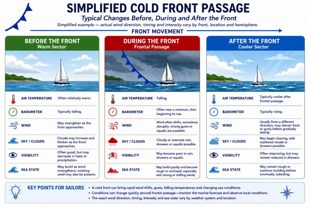 Cold front infographic showing typical changes in temperature, pressure, wind, clouds, visibility and sea state before, during and after frontal passage.