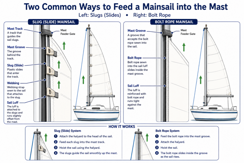 Side-by-side vector comparison of slug (slide) and bolt rope mainsail attachment systems, showing how each feeds into the mast using a mast track or mast groove, with labelled close-up diagrams and sailboat illustrations.