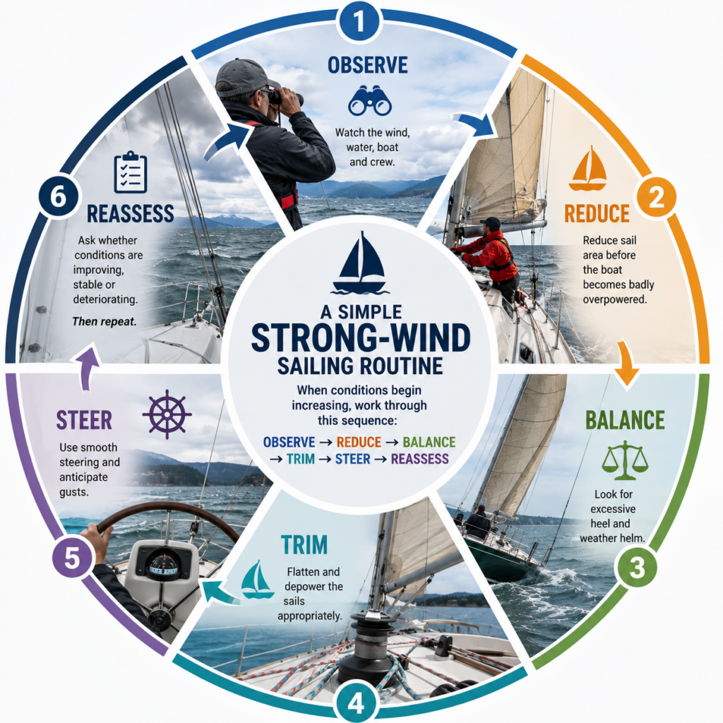 Circular strong-wind sailing routine showing six steps: Observe, Reduce, Balance, Trim, Steer, and Reassess.