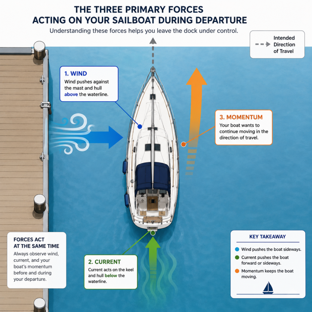 Top-down instructional diagram showing the three primary forces acting on a sailboat during departure: blue arrow for wind acting above the waterline, green arrow for current acting below the waterline, and orange arrow for boat momentum in the direction of travel.