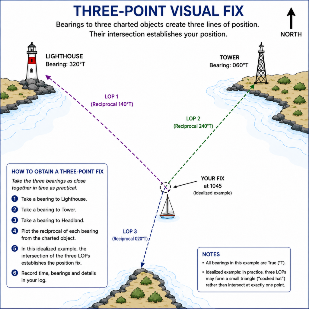 Three-point visual fix diagram showing bearings to a lighthouse, tower and headland plotted as three lines of position to establish a sailboat’s position.