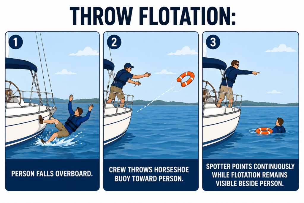 Three-panel diagram showing a person falling overboard, crew throwing a horseshoe buoy, and a spotter pointing toward the person.