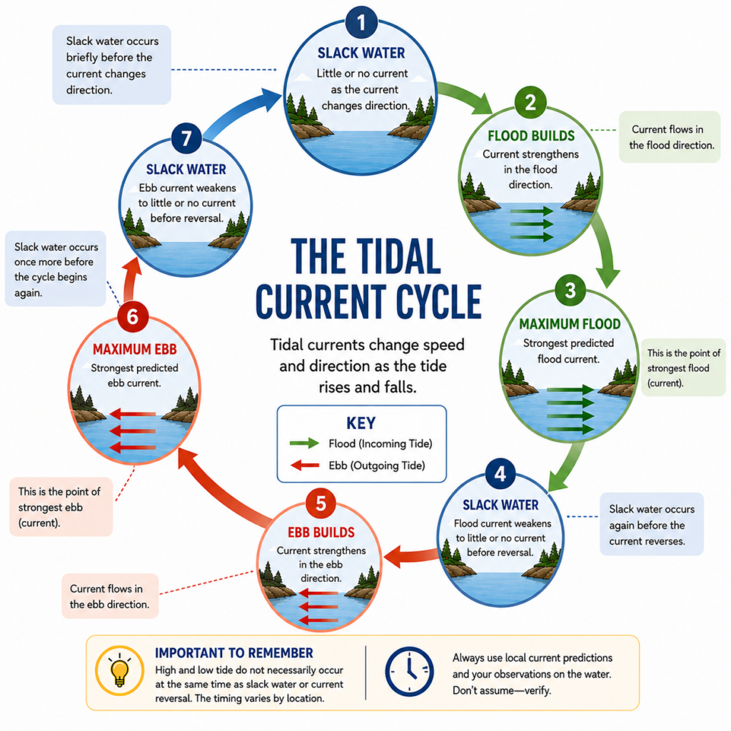 Tidal current cycle diagram showing slack water, building flood current, maximum flood, building ebb current, and maximum ebb.