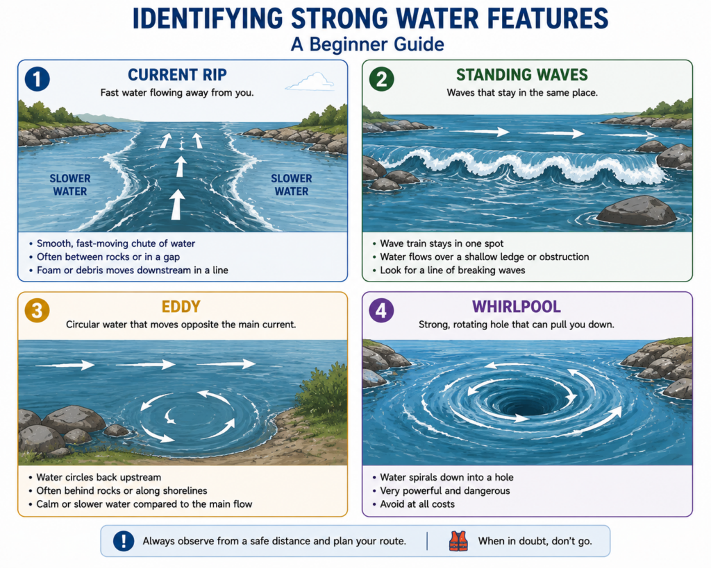 Beginner diagram showing how to identify a current rip, standing waves, an eddy, and a whirlpool in strong tidal currents.