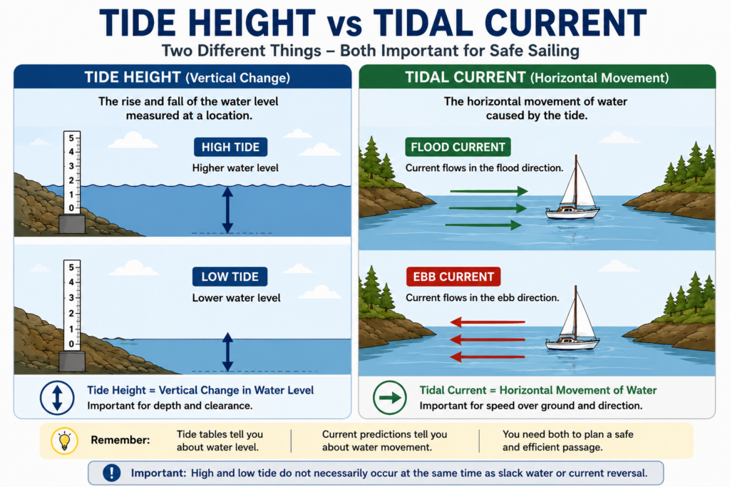 Diagram comparing vertical tide height changes with horizontal tidal currents, including high and low tide, flood current, and ebb current.