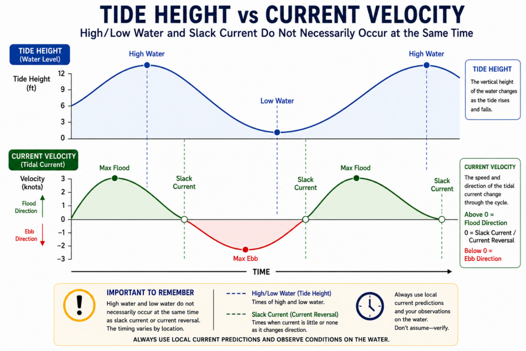 Graphs comparing tide height and tidal current velocity, showing that high and low water do not necessarily coincide with slack current.