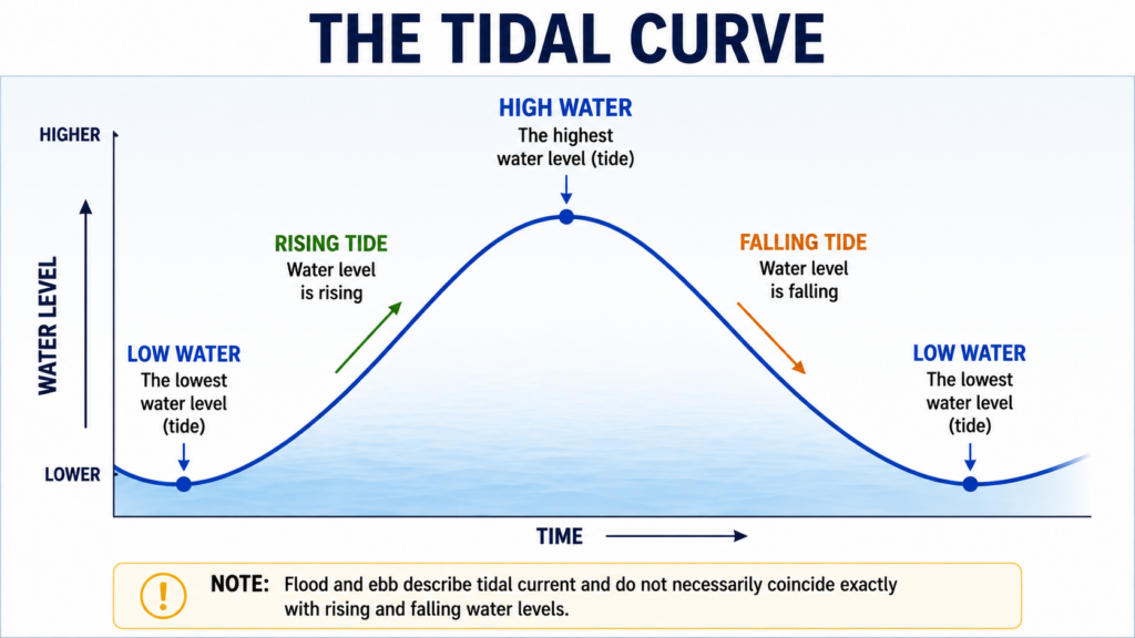 Tidal curve showing low water, rising tide, high water and falling tide, with a note explaining that flood and ebb refer to tidal currents.