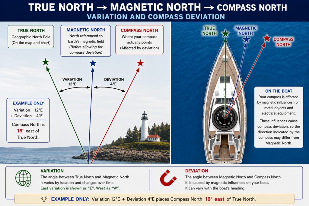 Diagram showing true north, magnetic north and compass north, with variation and boat compass deviation explained for coastal navigation.