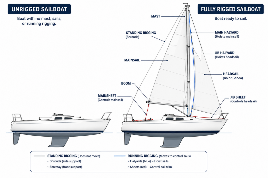Side-by-side vector diagram comparing an unrigged sailboat with a fully rigged sailboat, labelled with the mast, mainsail, headsail, boom, halyards, sheets, and standing rigging.