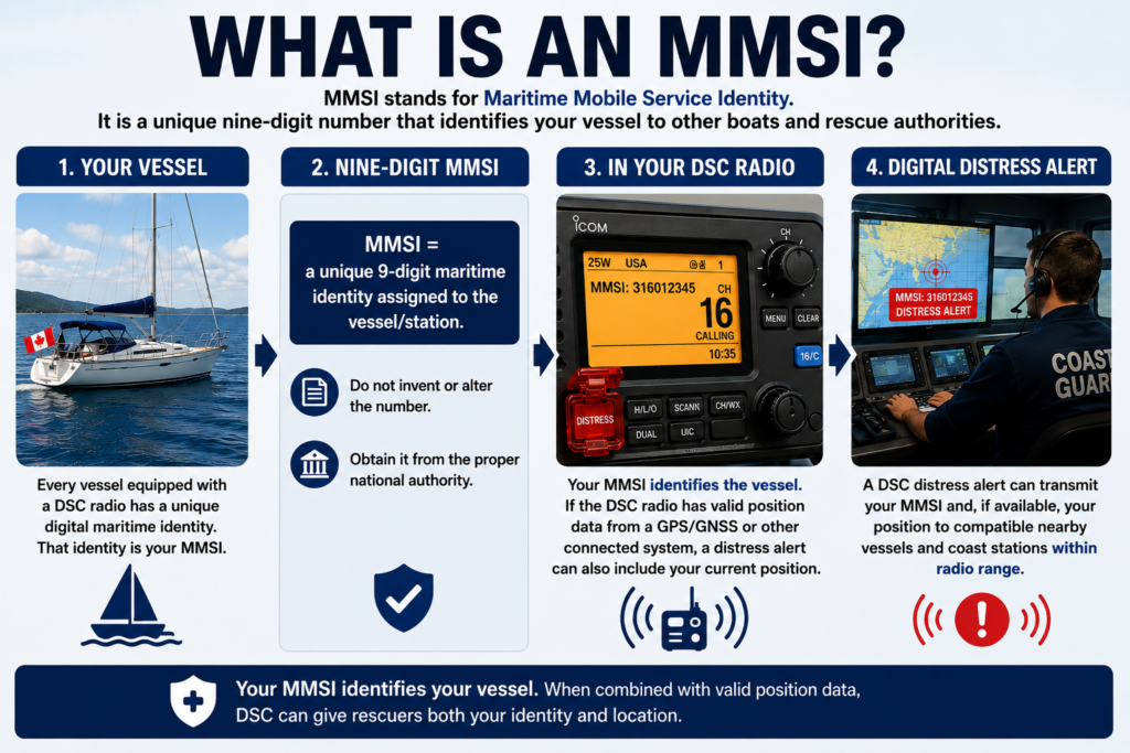 Infographic explaining how a nine-digit MMSI identifies a vessel and is used by a DSC marine VHF radio to send a digital distress alert.