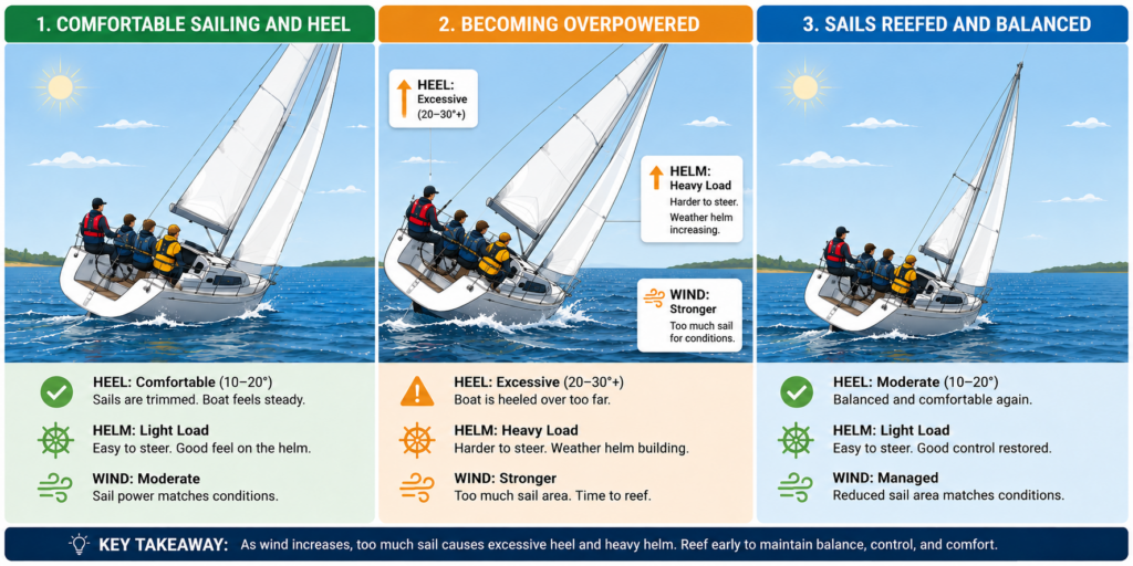 Three-panel diagram showing a sailboat becoming overpowered and returning to balanced sailing after reefing