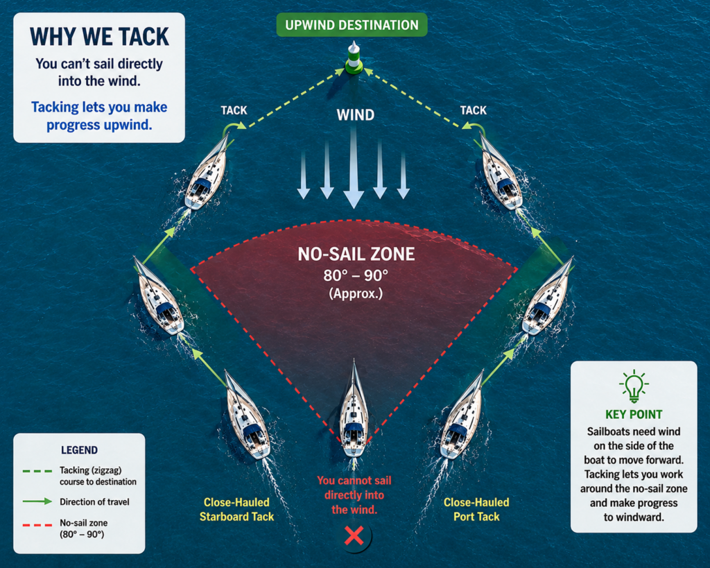 Top-down diagram showing a sailboat tacking upwind on alternating port and starboard tacks around the no-sail zone
