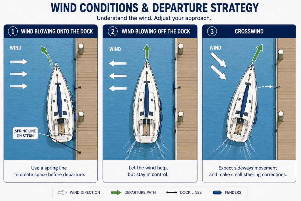 Three-panel instructional infographic showing how to leave the dock in three wind conditions: wind blowing onto the dock, wind blowing off the dock, and a crosswind, with top-down sailboat diagrams, wind arrows, departure paths, and spring line use.