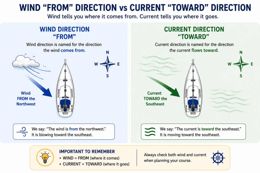 Beginner sailing diagram showing that wind direction is named for where wind comes from, while current direction is named for where water flows toward.