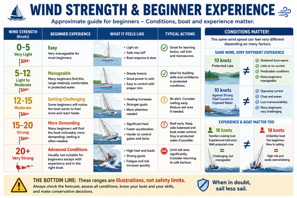 Coastal bay diagram comparing offshore, onshore and cross-shore winds and showing how wind direction, fetch and shoreline shape affect sailing conditions.