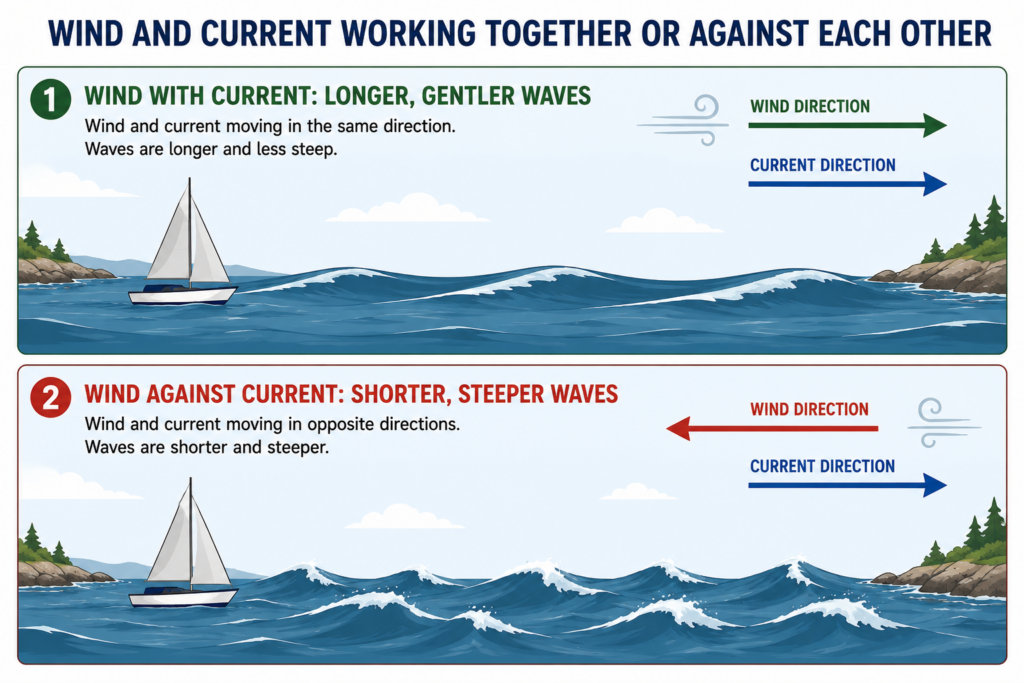Diagram comparing longer gentler waves with wind and current moving together to shorter steeper waves when wind opposes current.